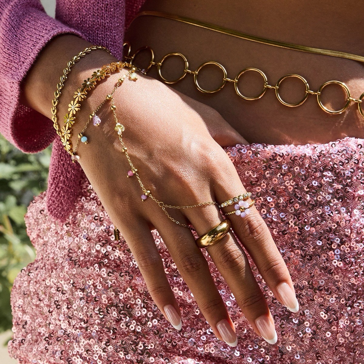 Gold Hand Chain Ring Bracelet Stainless Steel Natural Stone Slave Chain Jewelry
