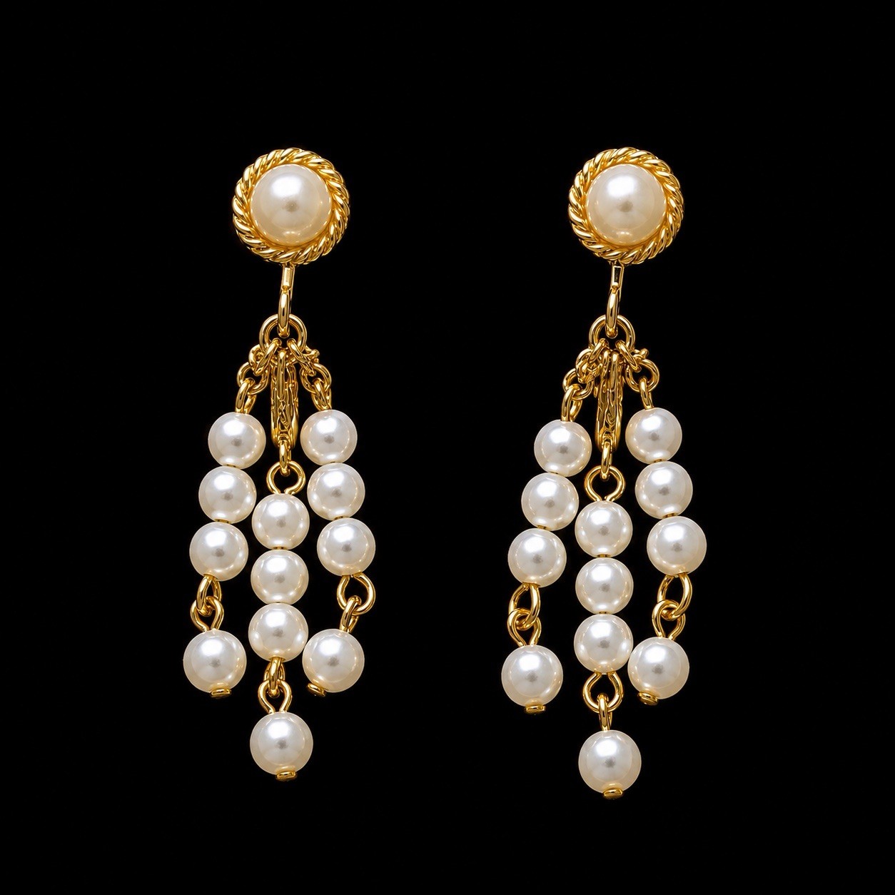Vintage Faux Pearl Tassel Clip On Earrings Gold Tone Dangle Chandelier Statement