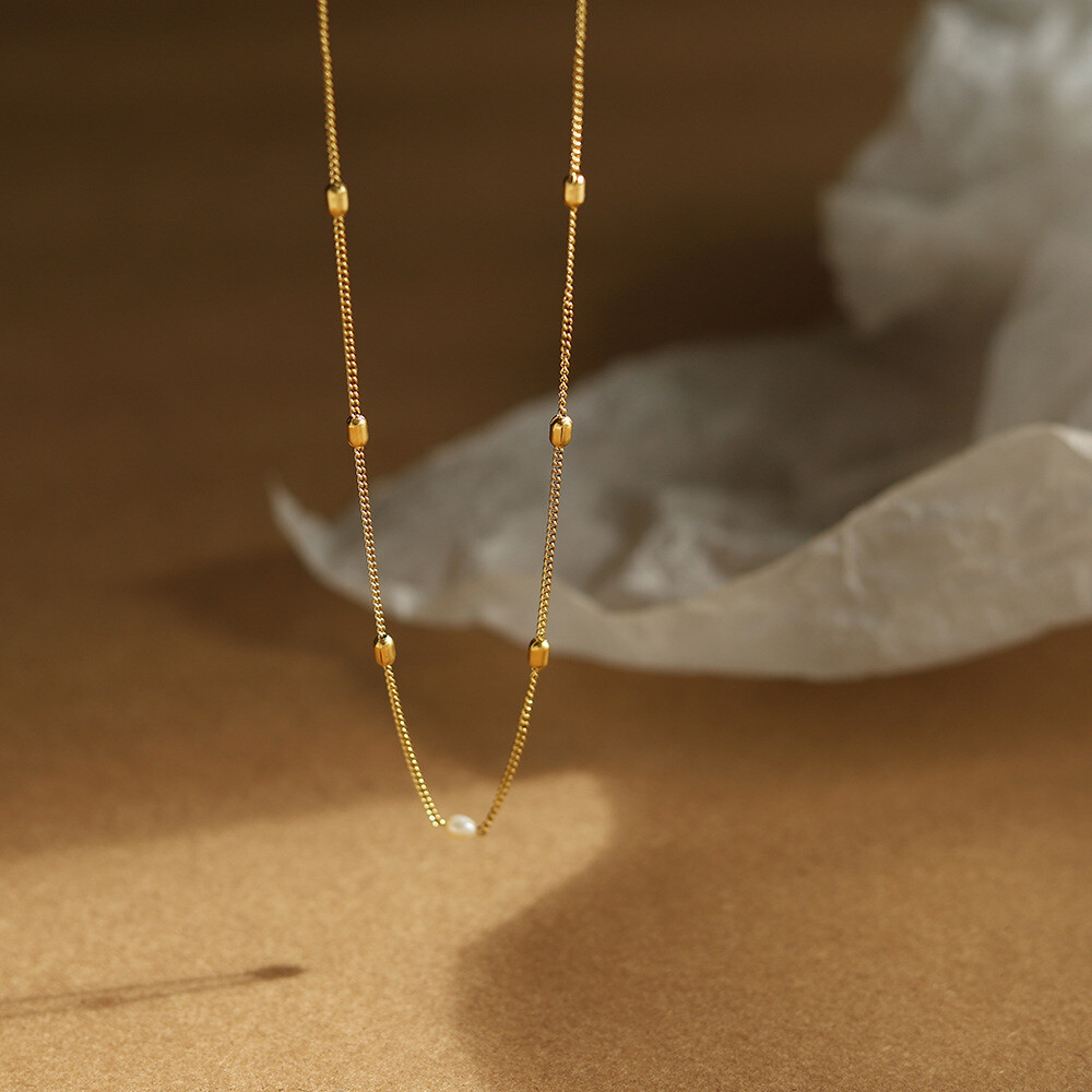 Woman 18K Gold Plated Golden Bead Pure Natural Freshwater Pearl Necklace Chain