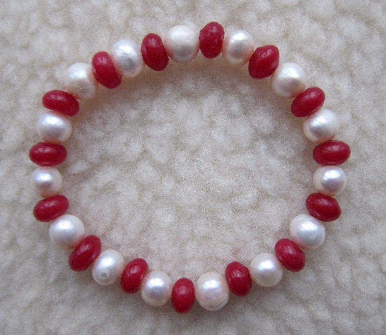 F.W. Cultured Pearls & Brazilian Red Ruby Abacus Beads Bracelet 7-9 mm.