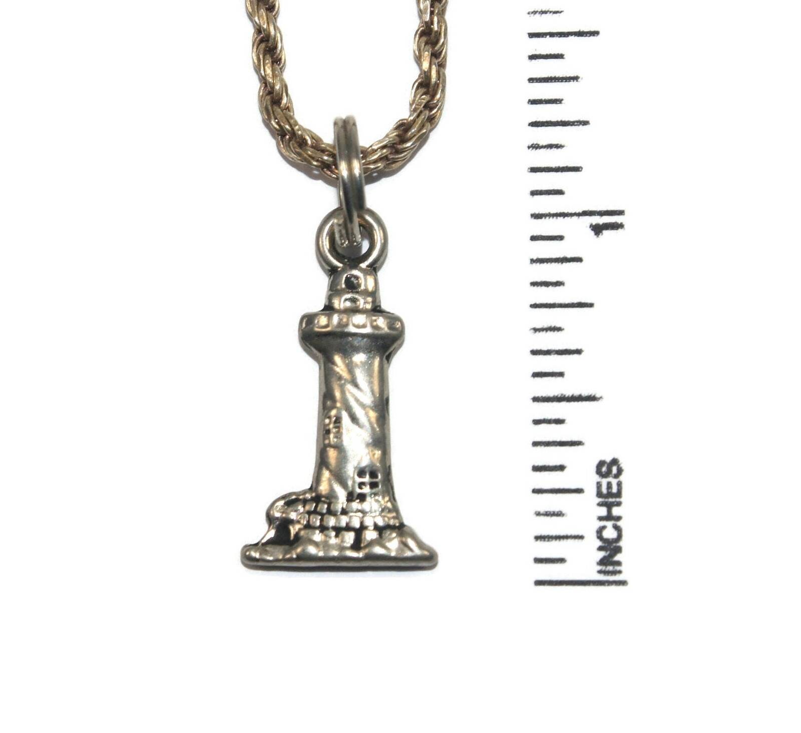 Vintage Italian Sterling Silver Lighthouse Pendant on 20″ Rope Chain, Italy 925.