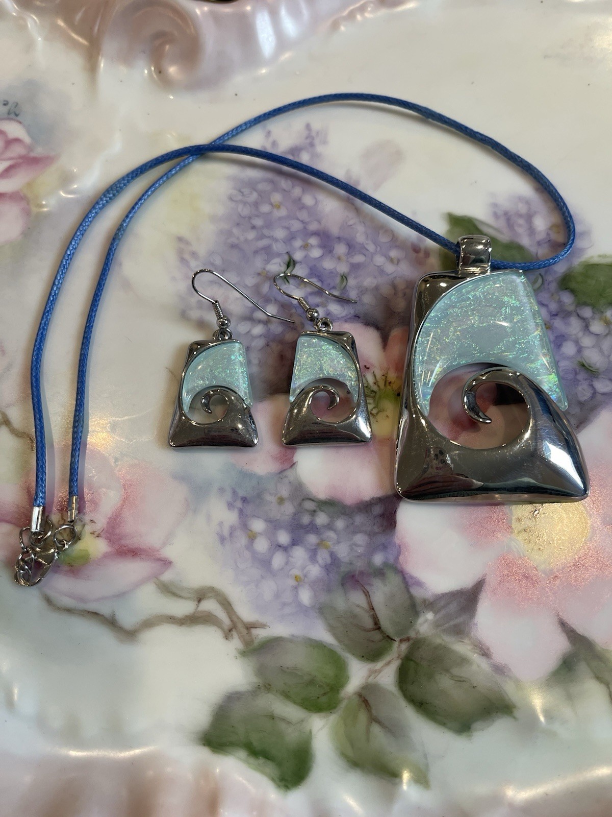 Blue Fused Wave Pendant And Matching Earrings