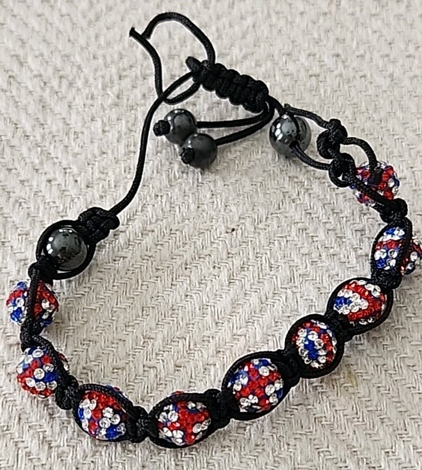 UK United Kingdom Flag Macrame Adjustible Bracelet ~ Crystal Pave Ball Beads