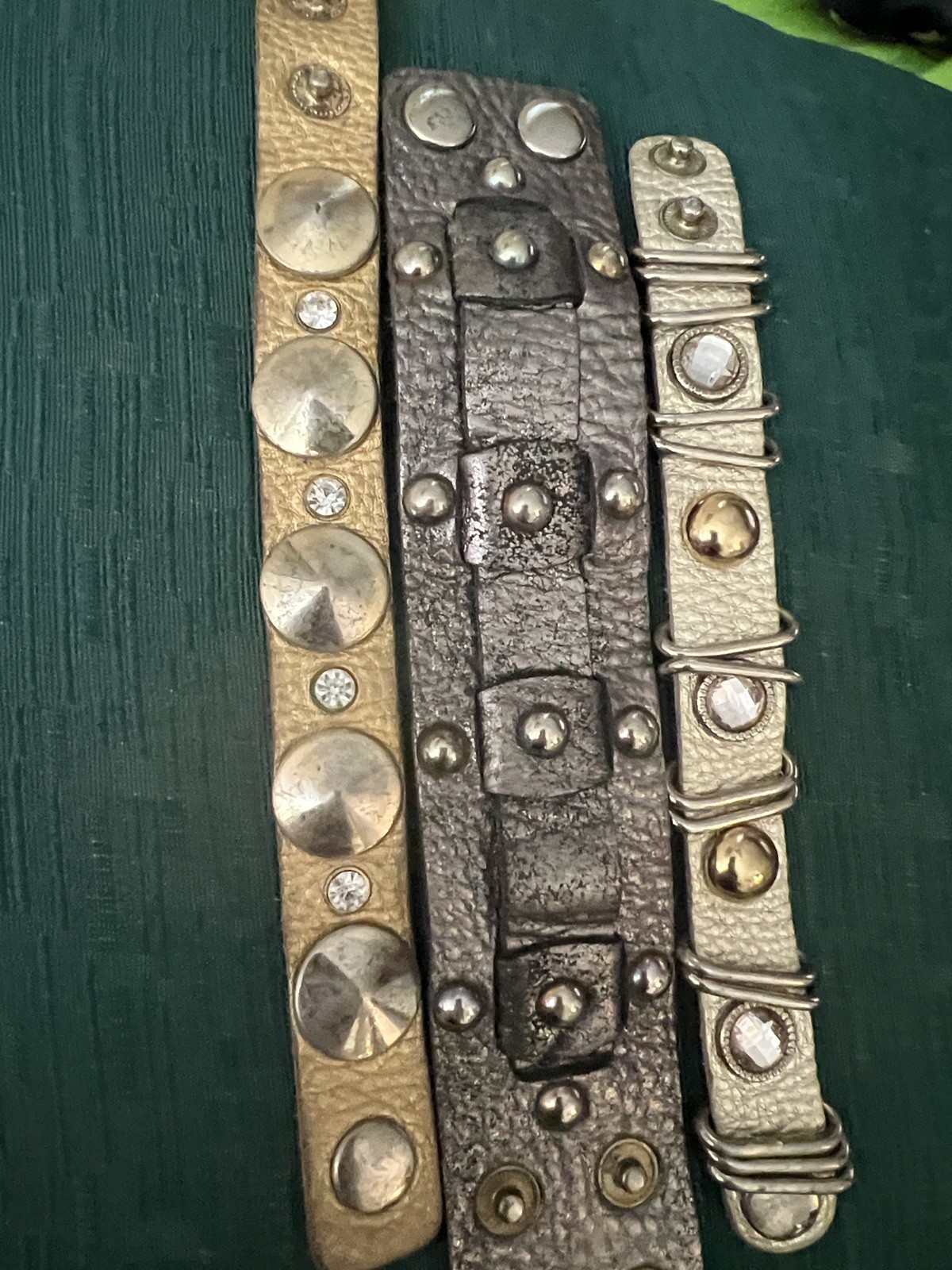 Set of 3 Studded Leather Cuff Bracelets – Gold, Gunmetal,Silver