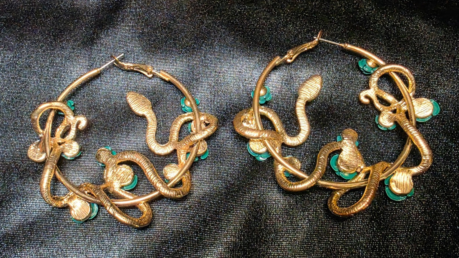Gold Snake Hoop Earrings 2″ Teal Green Rose Serpent Gothic Flower Statement Pair