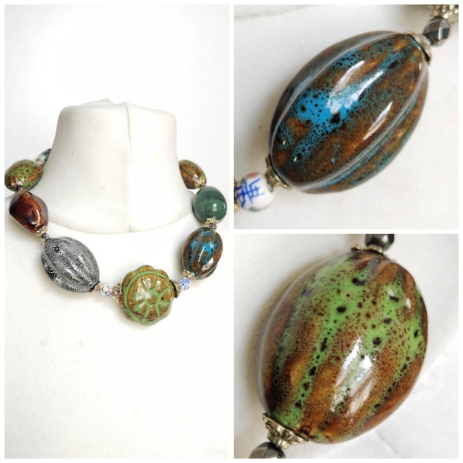 Chunky Glazed Ceramic Mixed Shapes Beaded Statement Necklace, blue green brown