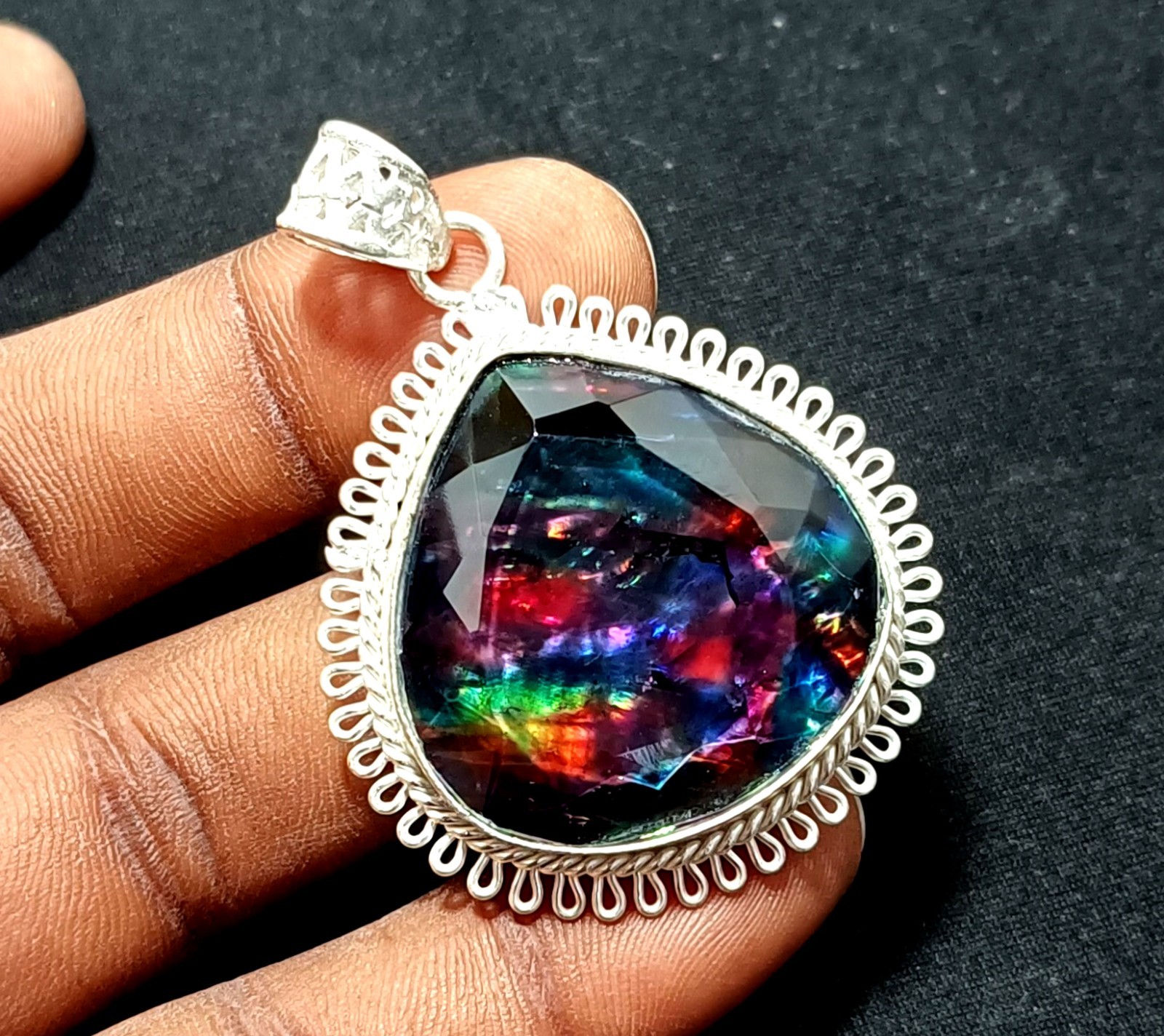 72.15 Ct Natural Ammolite Doublet Certified Gemstone Pendant With Sliver Chain