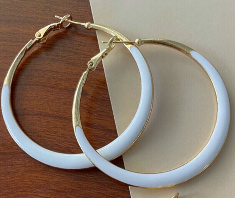 Awesome New Yellow Gold Plated White Enamel Accented Round 2″ Hoop Earrings