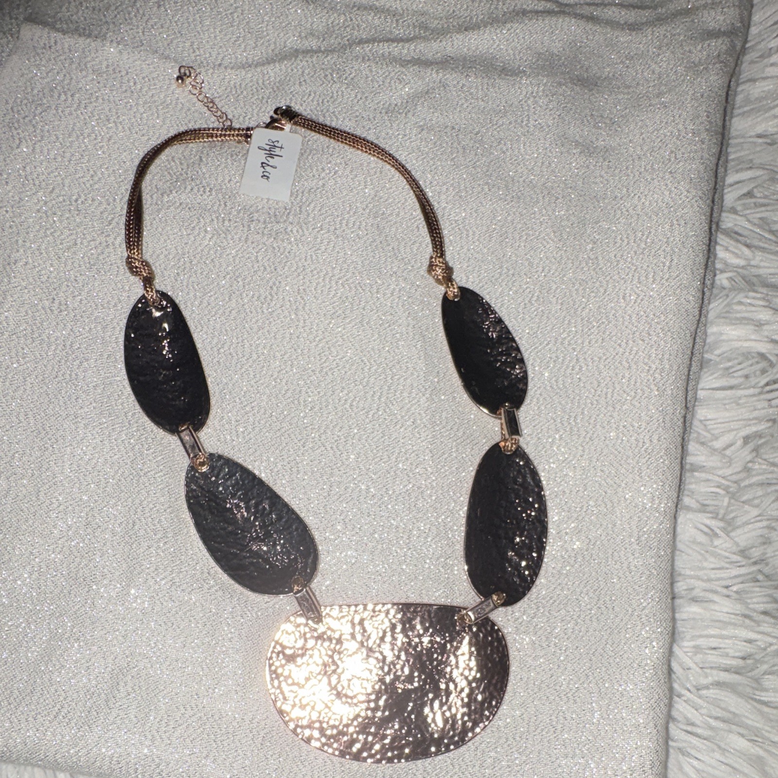 Style&Co Rose Gold Tone/Black Statement Bib Necklace Snake Chain Oval Pendant