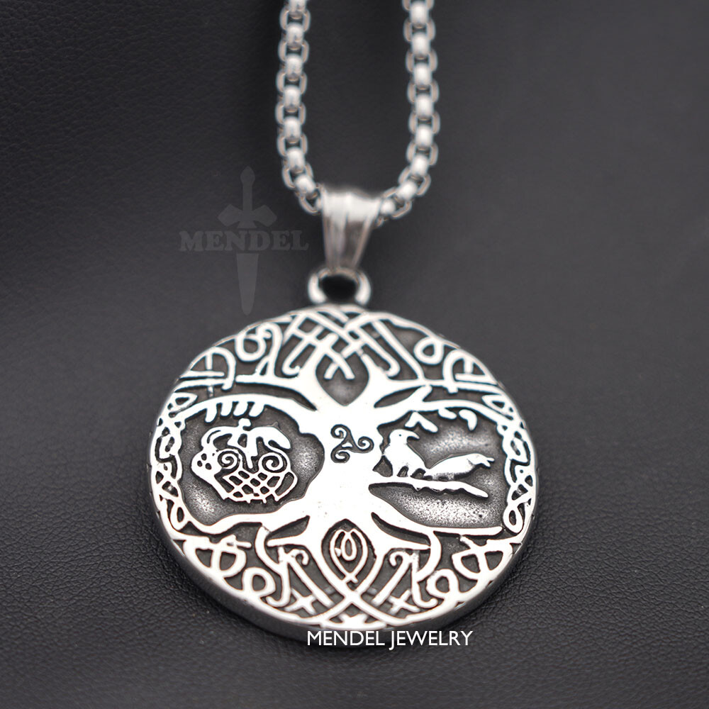 MENDEL Mens Viking Tree Of Life Yggdrasil Raven Pendant Necklace Stainless Steel