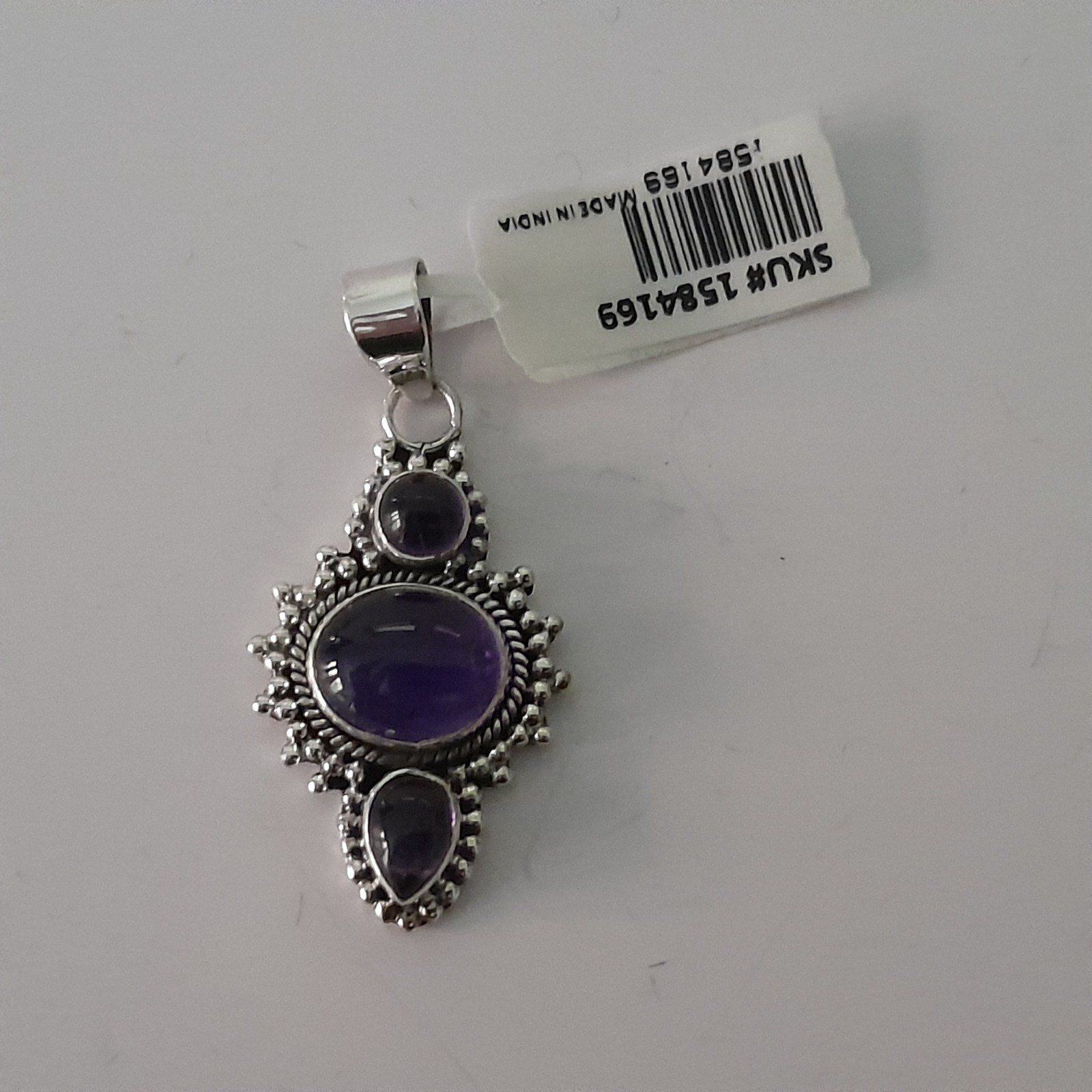 925 Sterling Silver Three Stone Purple Cabochon Pendant 925 India NWT