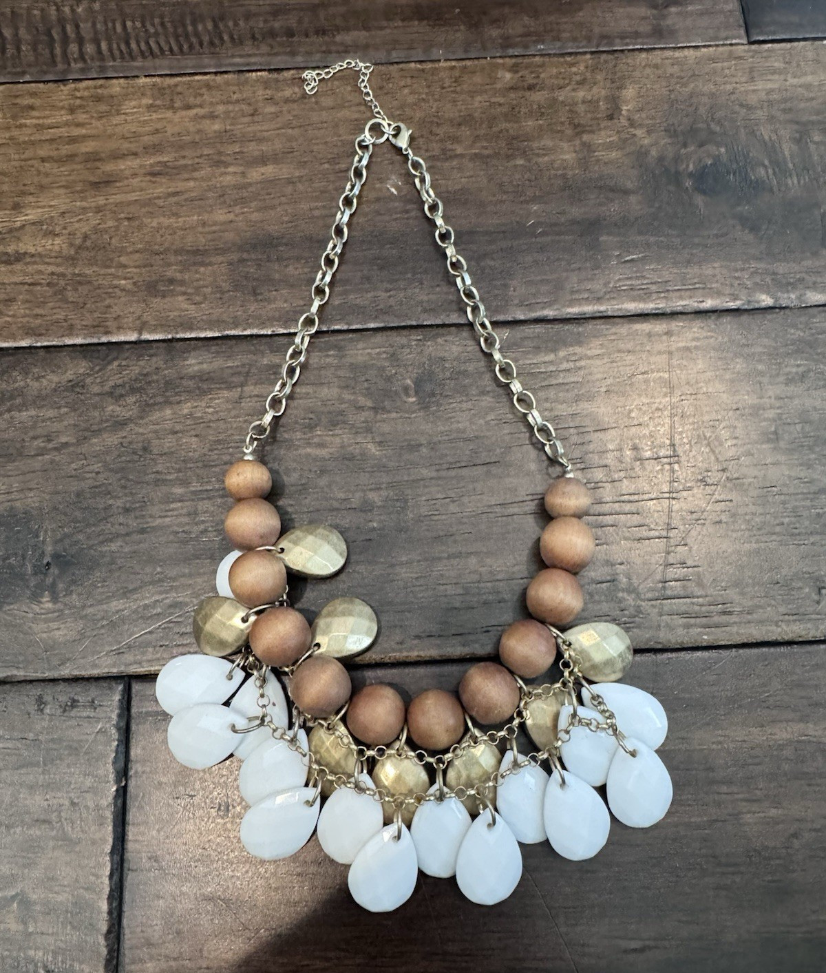Statement Beaded Necklace Brown Wood Beads White Teardrop Dangles 18 in