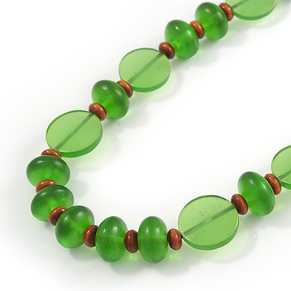 Brown Wood, Green Acrylic Bread Black Cotton Cord Necklace – 64cm L