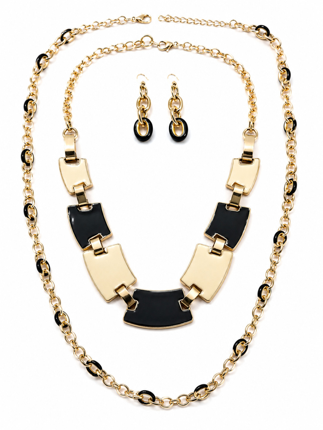 Black Ivory Enamel Statement Jewelry Set 2 Necklaces Earrings Gold Tone Charming