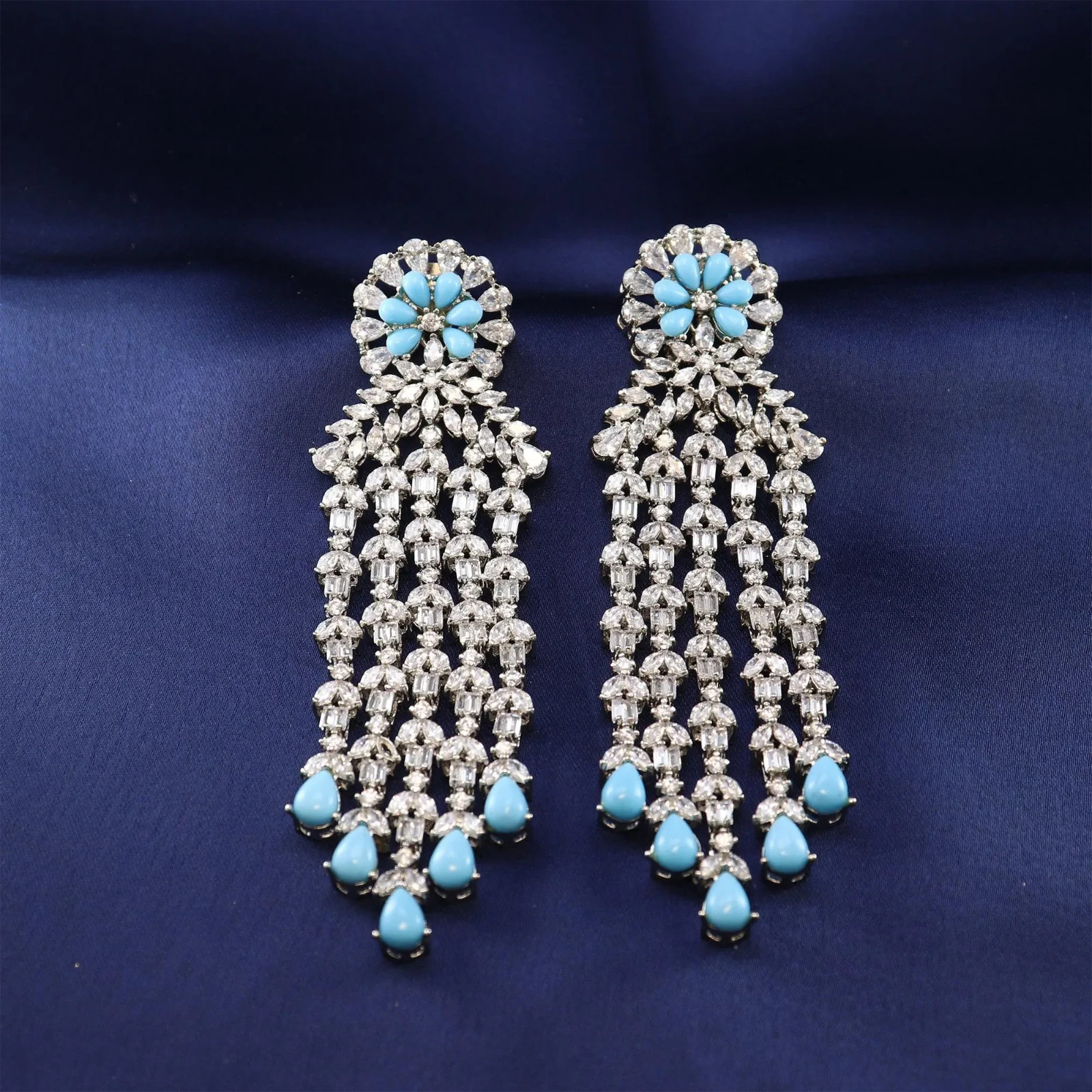 Long Turquoise Chandelier Dangle Earrings Silver Tone Wedding Statement Jewelry