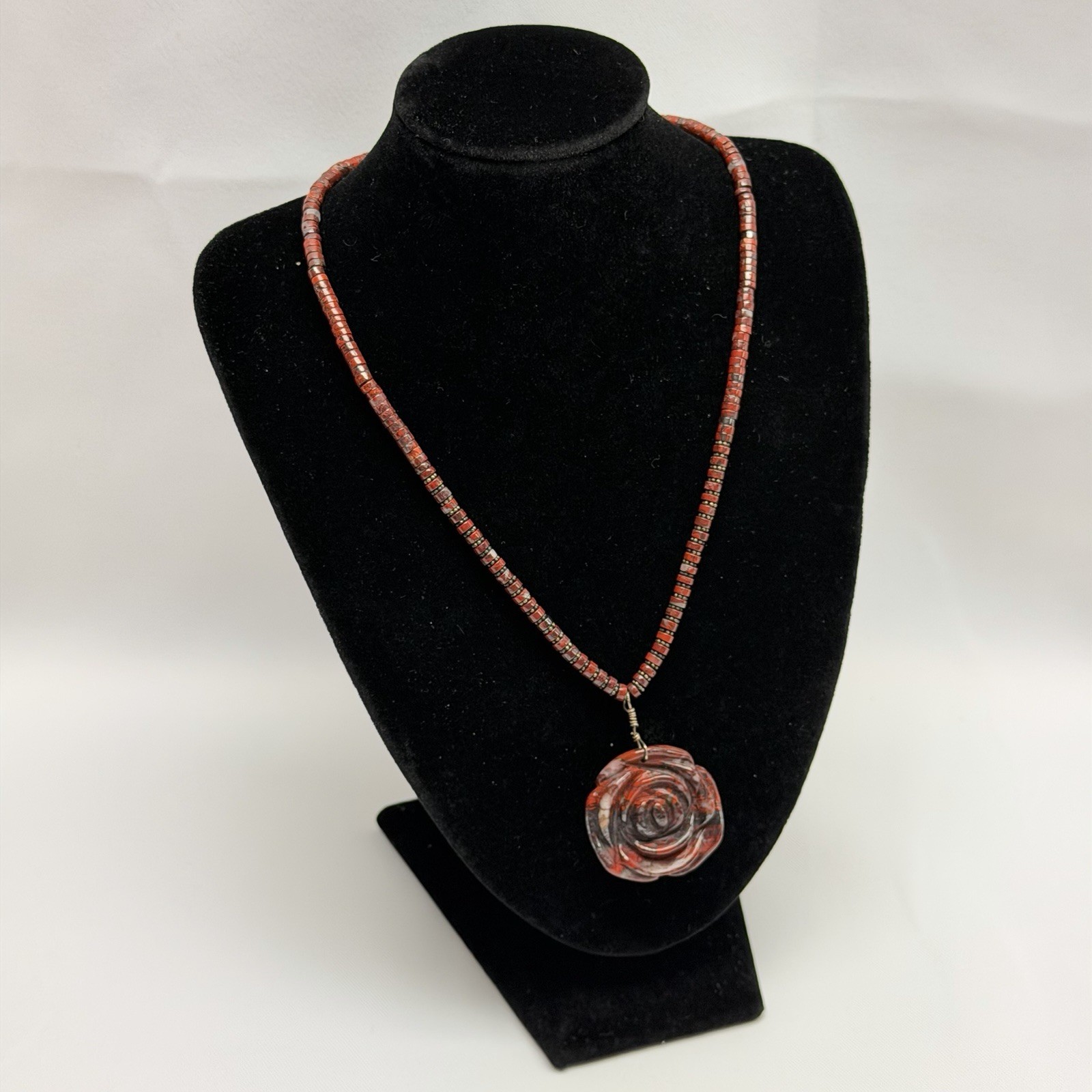 Red Jasper Rose Pendant Necklace Hand Carved Stone Beaded Artisan Statement