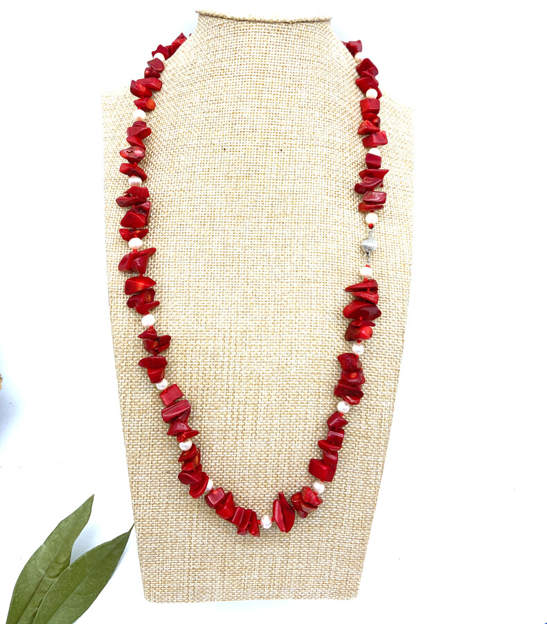 Red Nature Coral Gemstone & white pearl Chips Strand/String Necklaces 16-50“