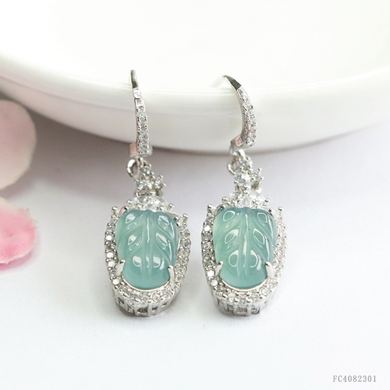 Natural Jade Ice S*eed Blue Water Leaf Earrings