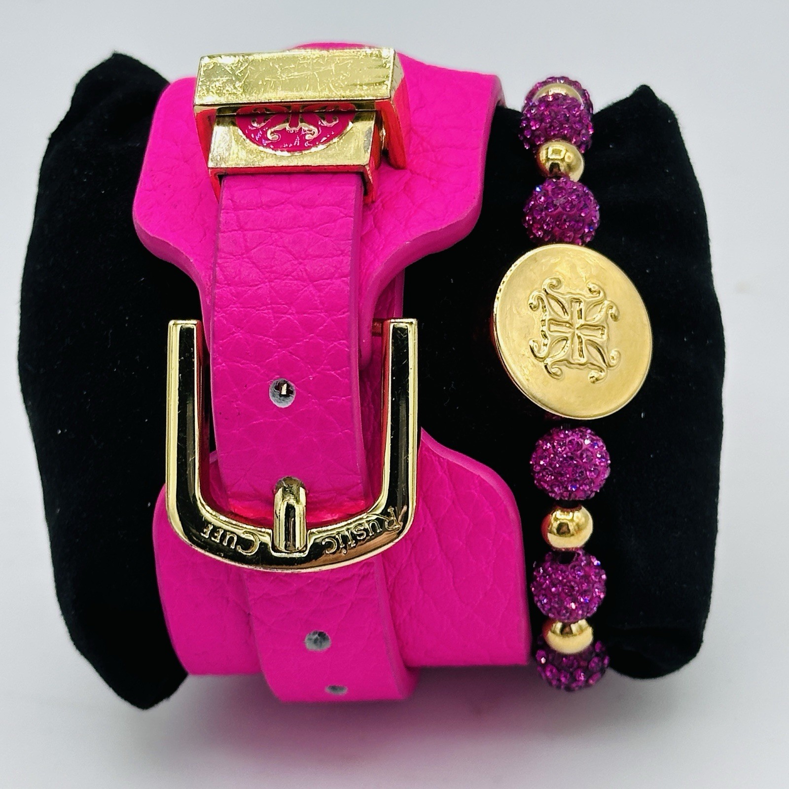 Rustic Cuff Hot Pink Leather Wrap Bracelet Stack Crystal Bead Bracelet Case
