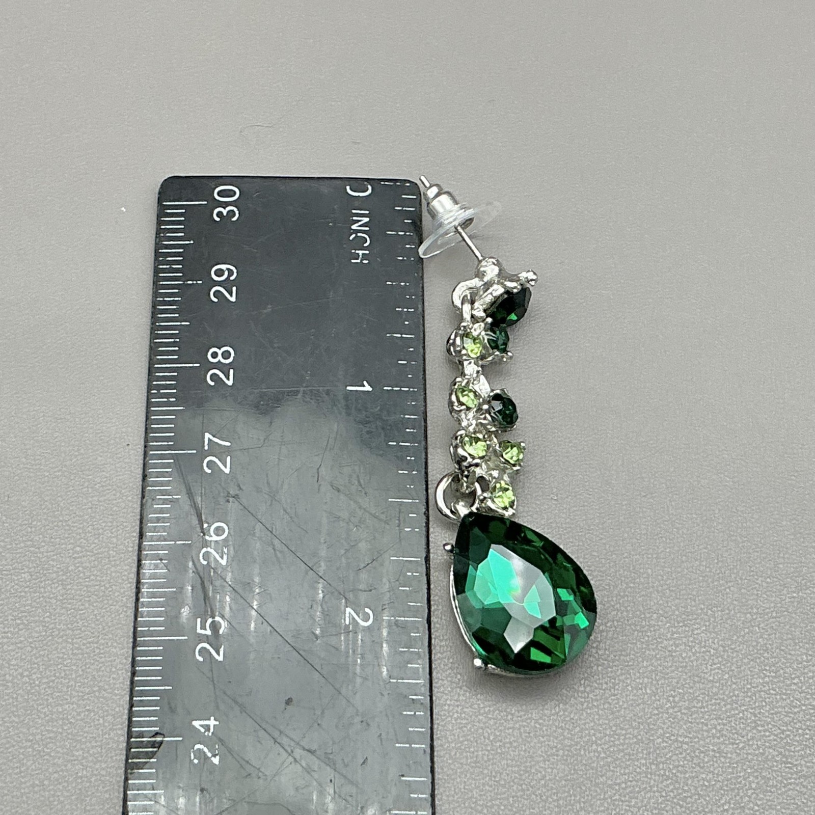 Earrings Green Rhinestone Teardrop Dangle Drop Womens Silver Tone Dressy Jewelry