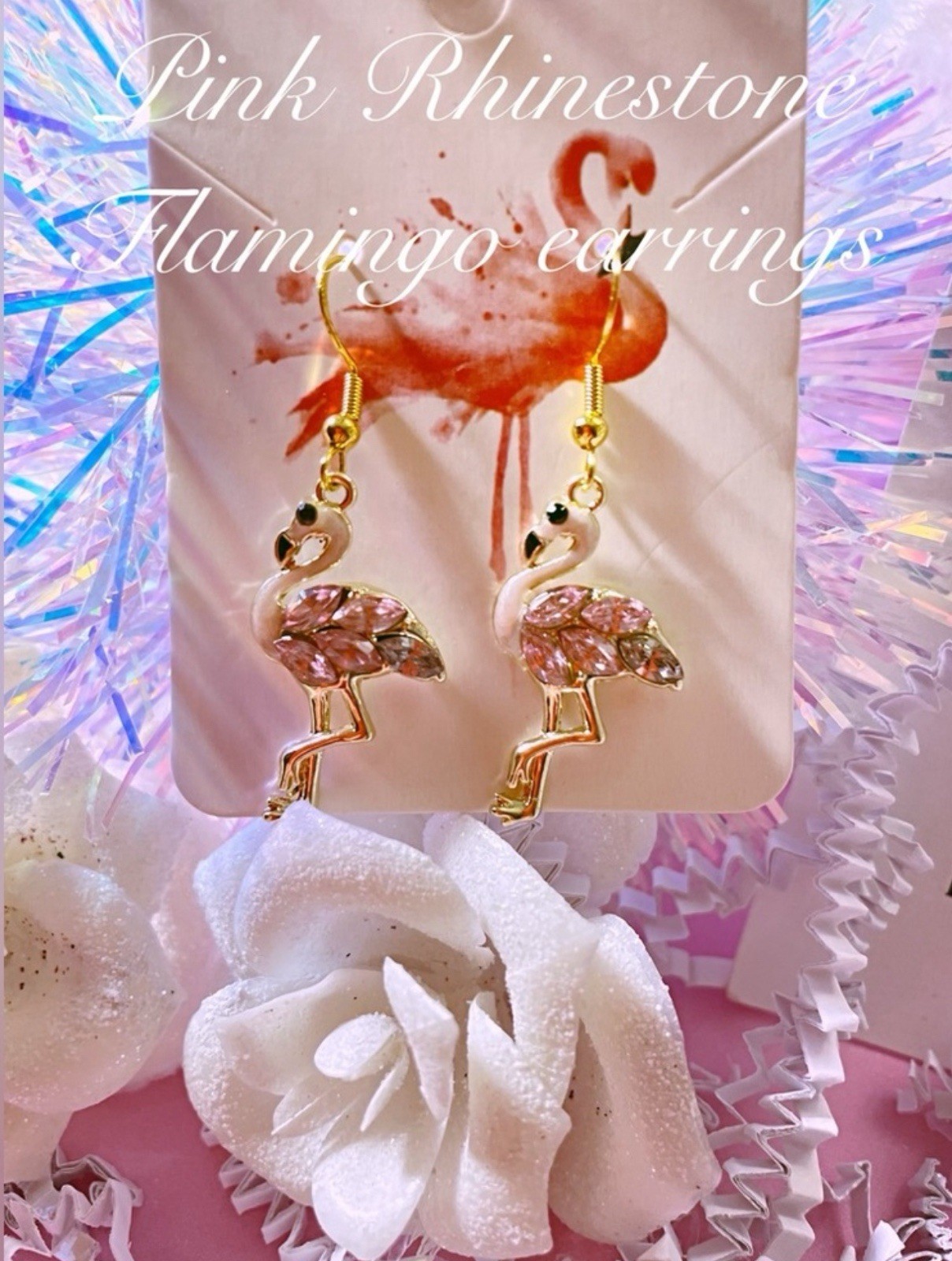 Gold Crystal flamingo dangle and drop earrings / pretty/ summer / tropical /