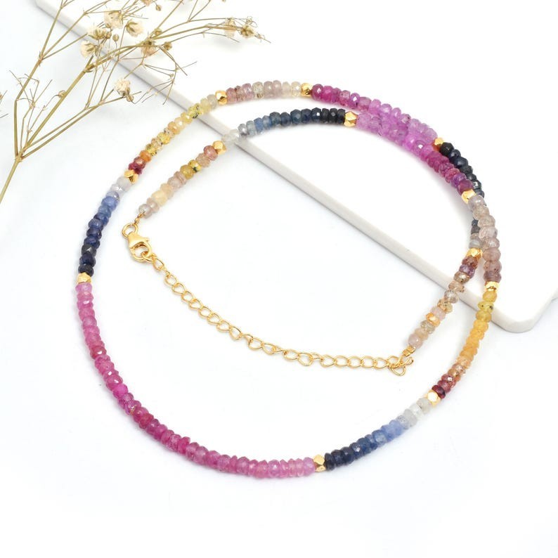 3-4MM Multi Sapphire Faceted Roundelle Gemstone Beads Properties Necklaces 32”