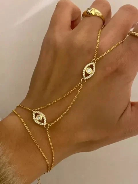 Evil Eye Hand Chain Bracelet In 1.20Ct Simulated Diamond 14k Yellow Gold Plated