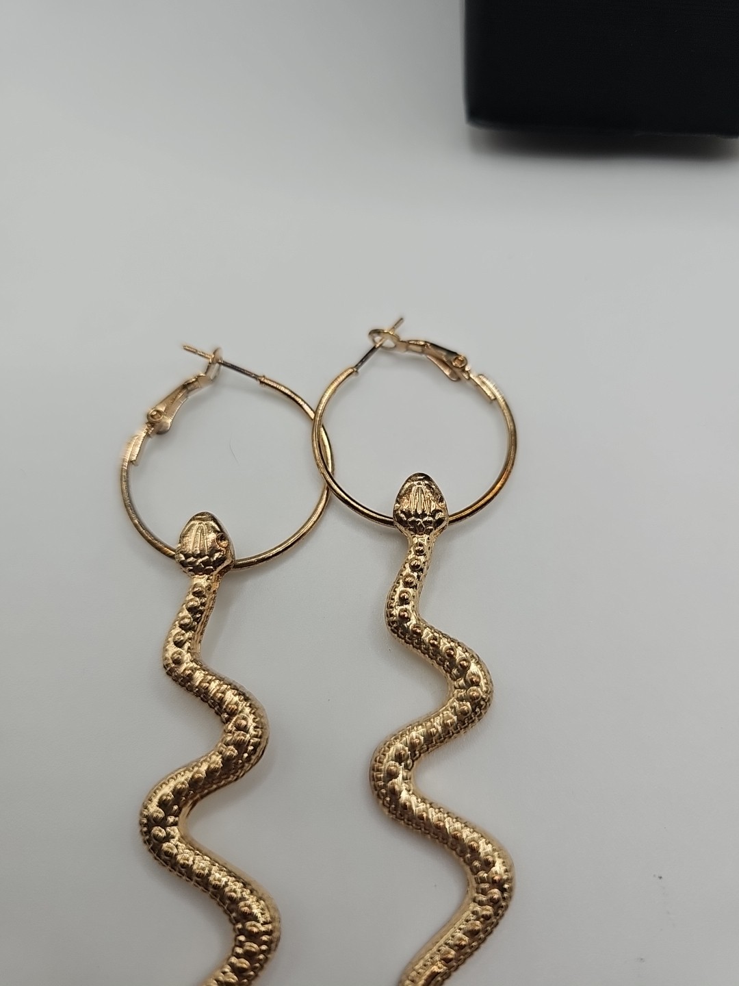 Gold Tone Serpent Dangle Earrings, Hoop And Pendant, 3.75 Inches, Pierced