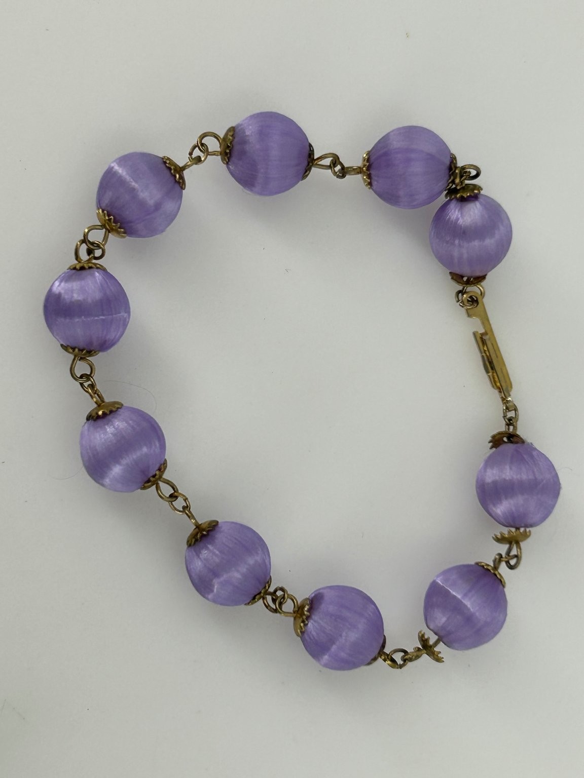 Vintage Purple Satin Ball Bracelet Gold Tone Links