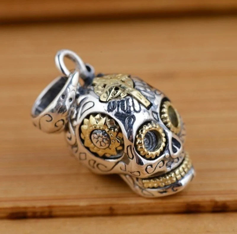 Sugar Skull Hat Jewelry 2-Tone Gothic Religious Pendant Necklace