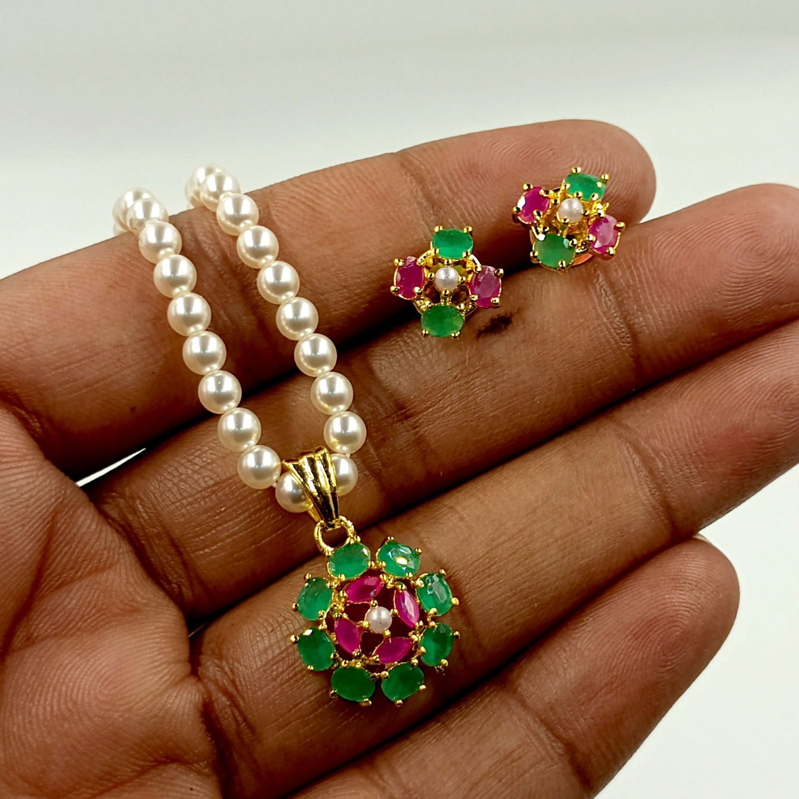 Ruby Emerald Pearl Pendant Set, 22k Gold Plated Traditional Indian Wedding Jewel