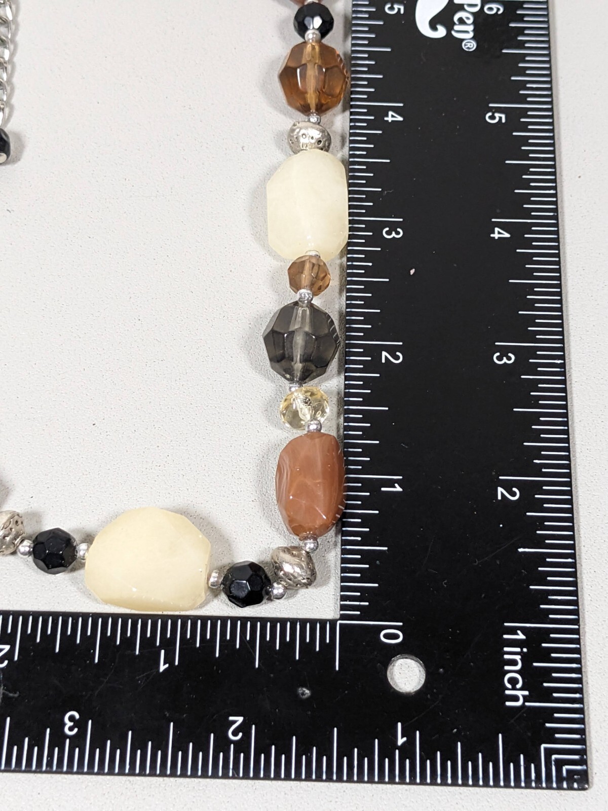Beachy Coastal Brown Cream Acrylic Glass Bead silver Tone Necklace 19.5 in