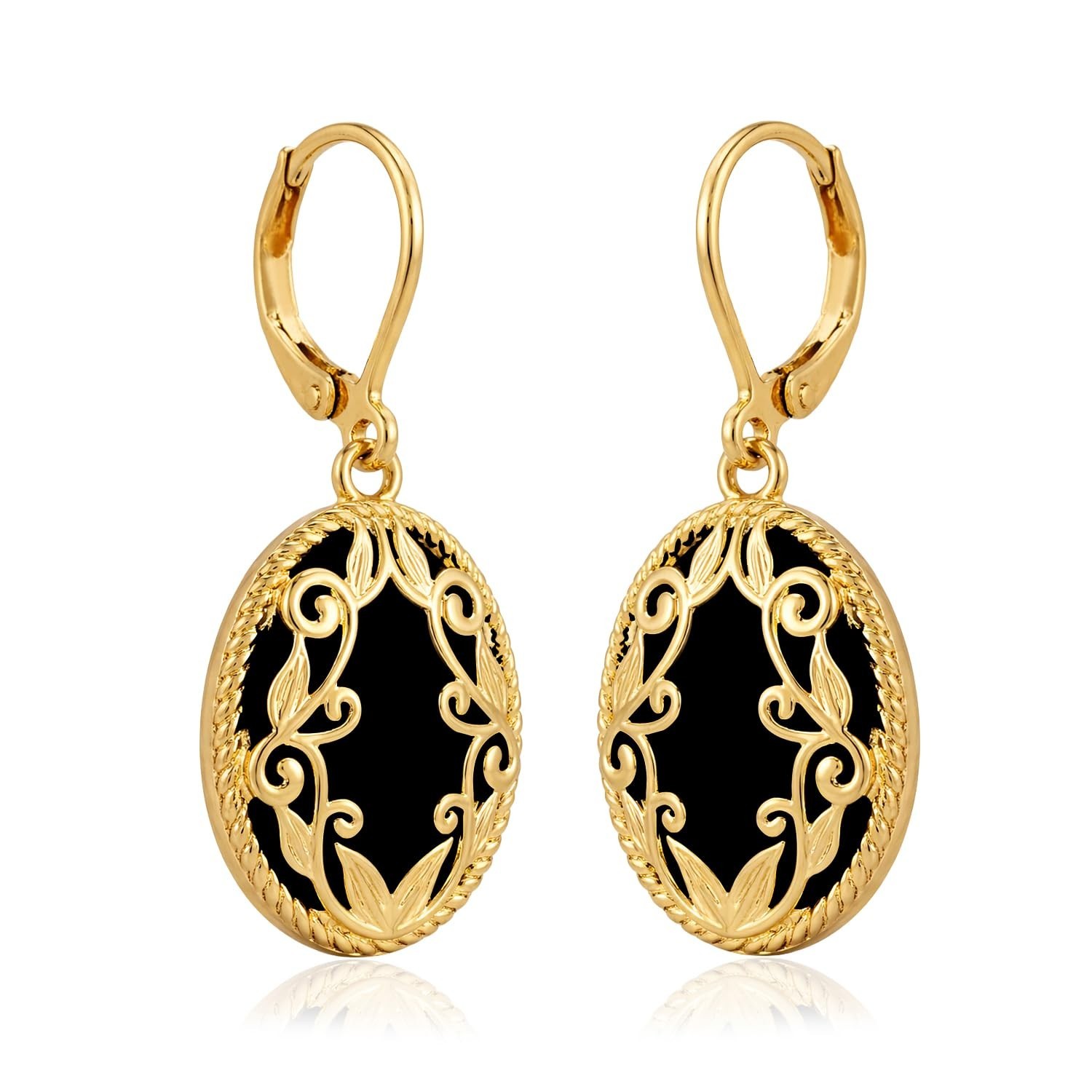 Charmsy Gold Plated Black Onyx Filigre Drop Vintage Post Earrings for Women 30mm