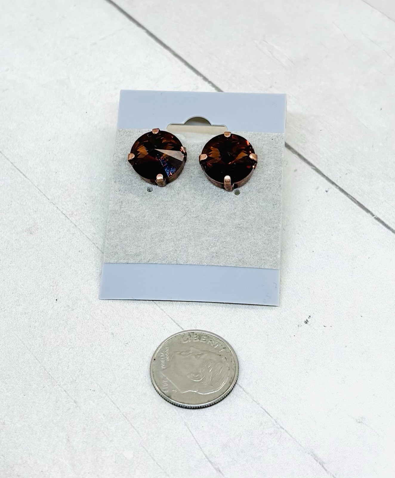 12mm Antique Copper Chocolate Brown Cup Chain Stud Earrings, Smoked Topaz Stones