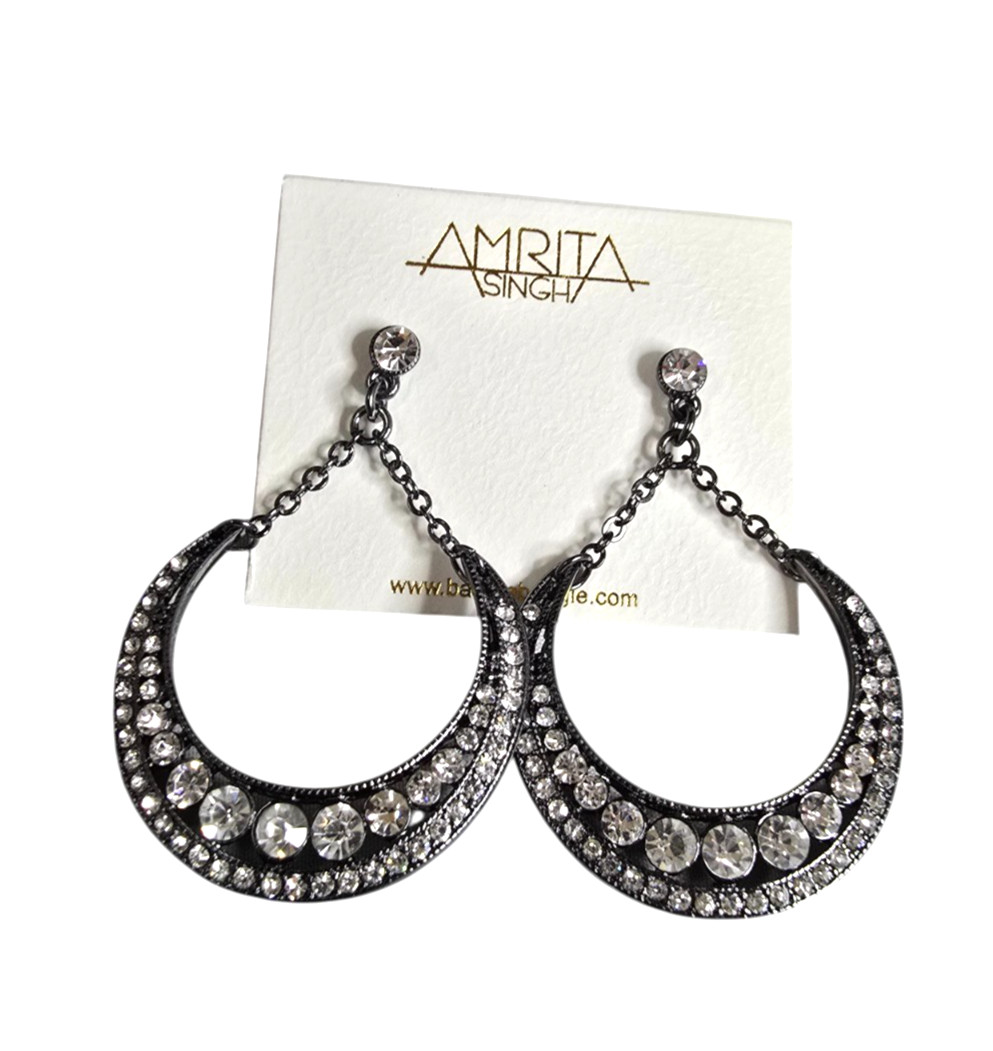 Amrita Singh Gunmetal Plated Crystal Long Dangle Earrings NWT