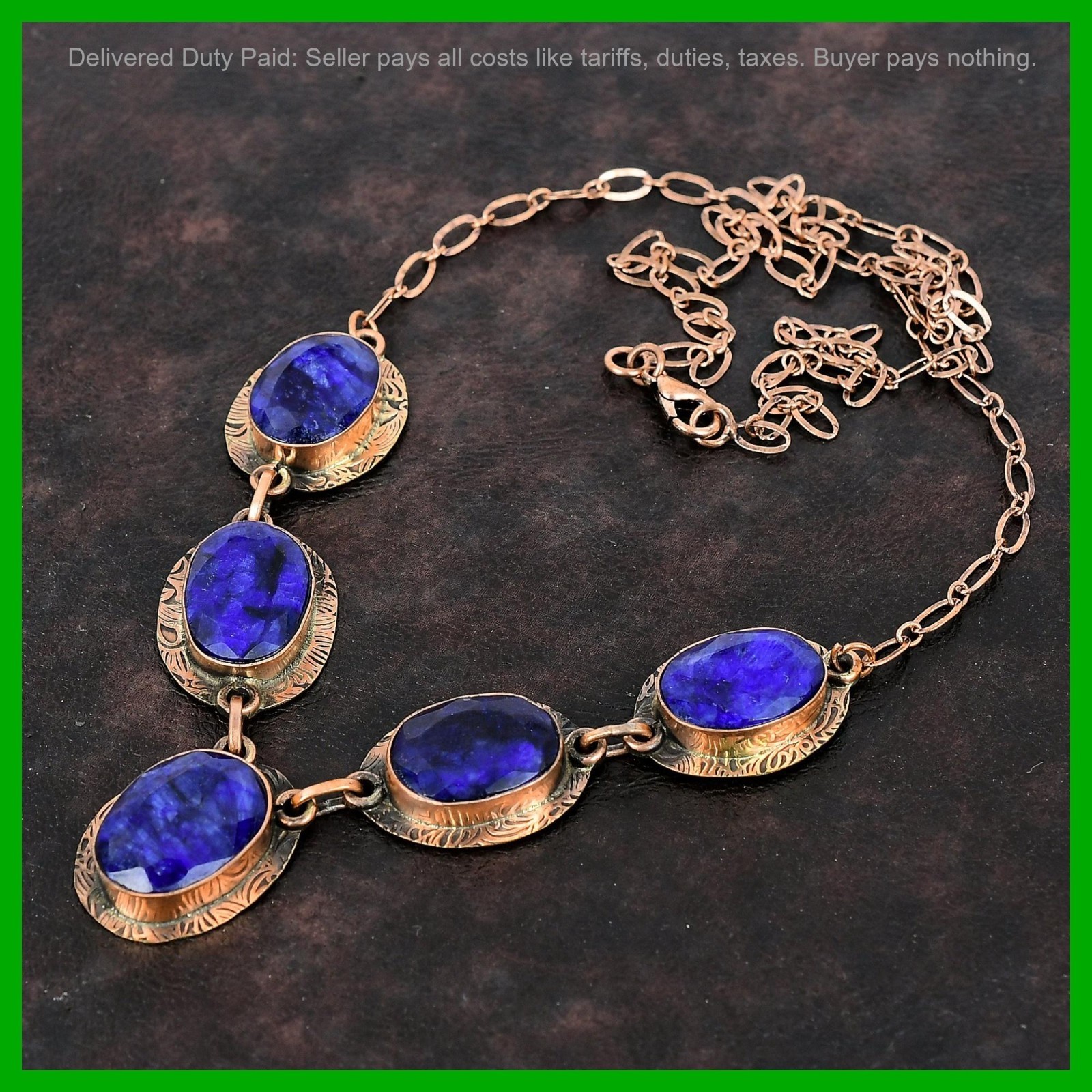 Copper Oval Blue Saphire Gemstone Bezel Handcrafted Anniversary Wedding Necklace