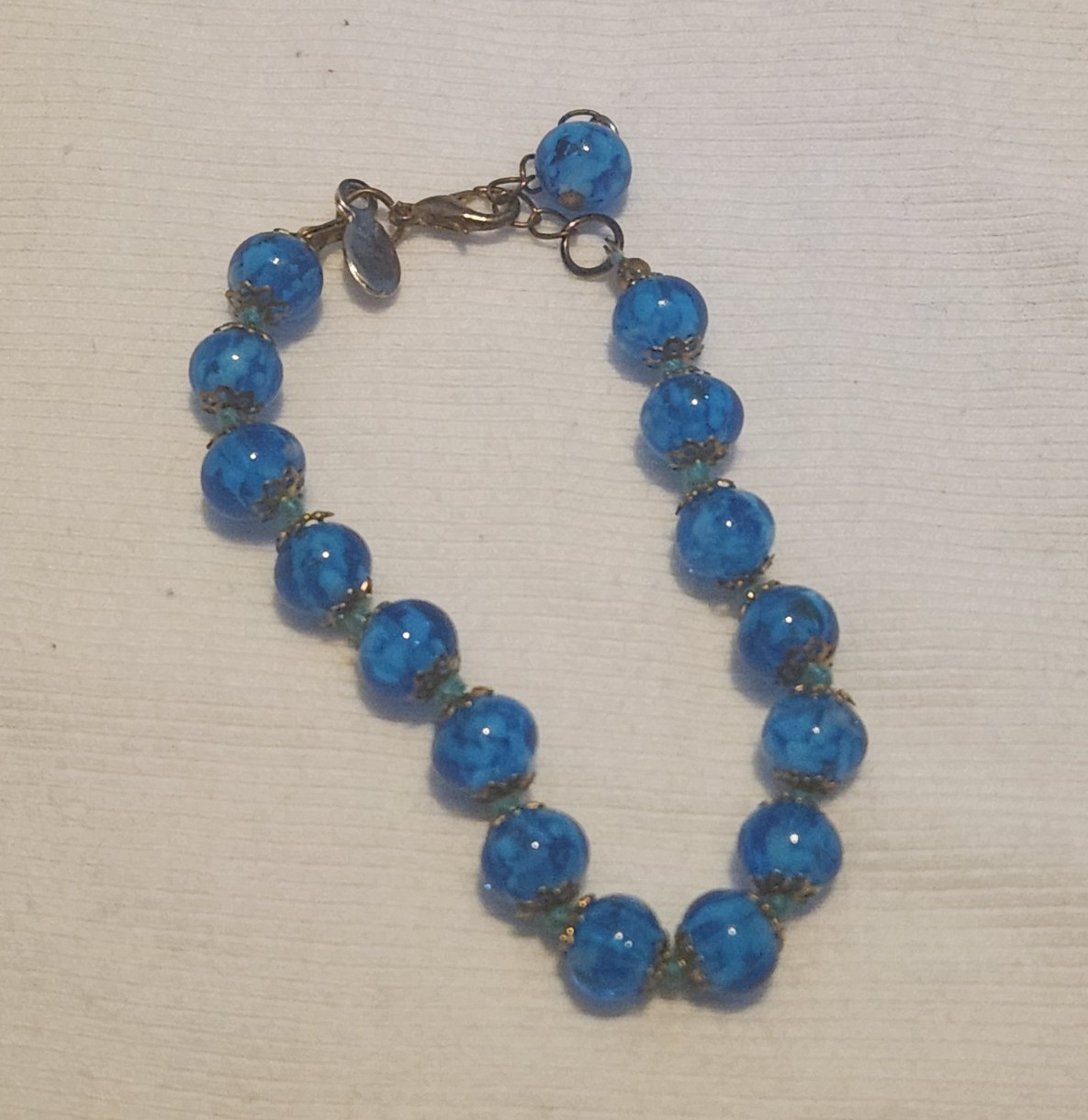 Authentic Murano Glass Bead Bracelet, Blue Venetian Art Glass, Signed Tag