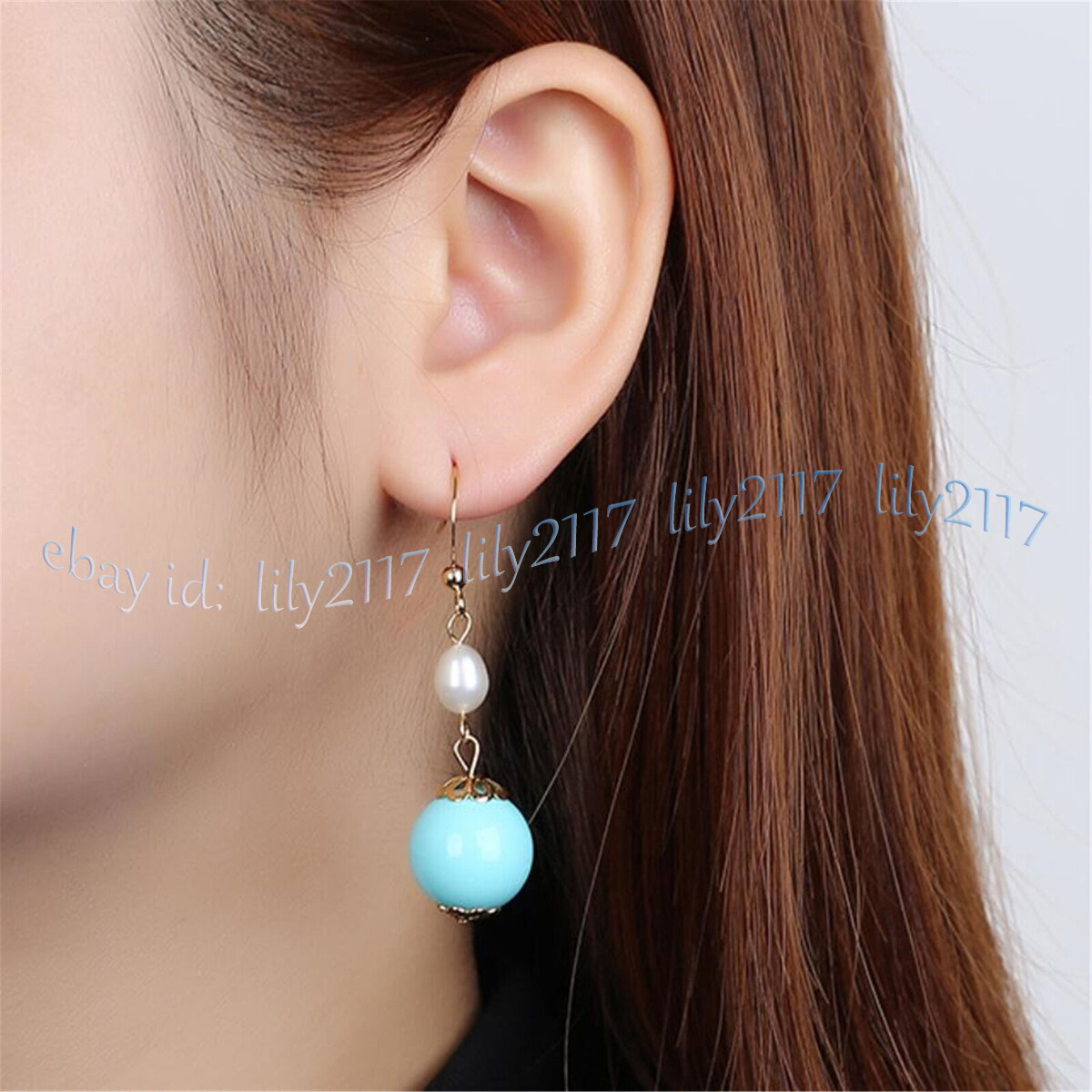 12mm Blue Turquoise Round Gemstone 6-7mm Natural White Pearl Dangle Earrings