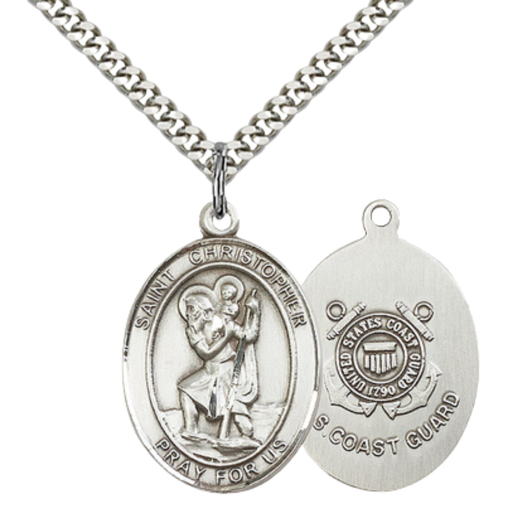 Pewter Saint Christopher Coast Guard Medal 24″ Lobster Claw Chain Necklace