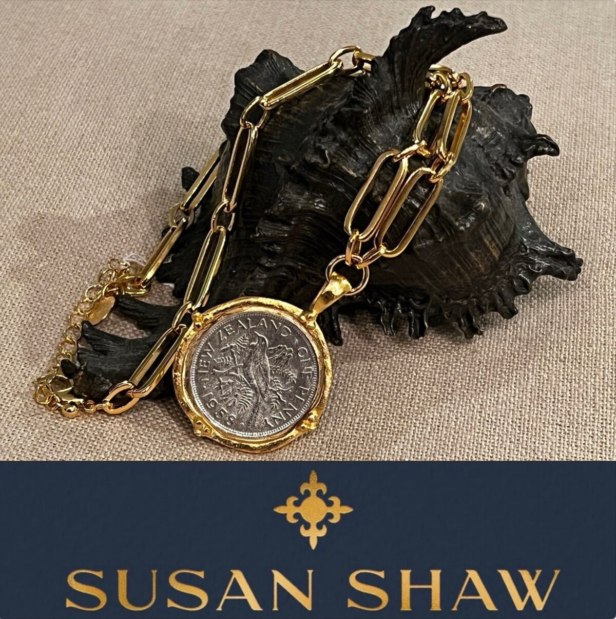 Susan Shaw Necklace Coin Mixed Link Paperclip Jewelry 24K TPG MSRP $164