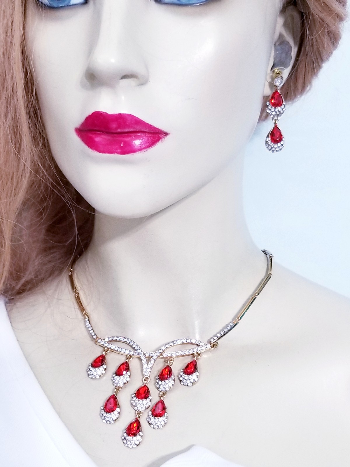 Necklace Earring Set Rhinestone Austrian Crystal Red Bridal Prom Jewelry