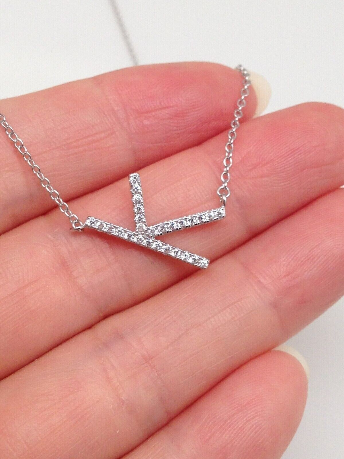 925 Sterling Silver CZ Sideways Initial Letter K Pendant Necklace Women 16mm