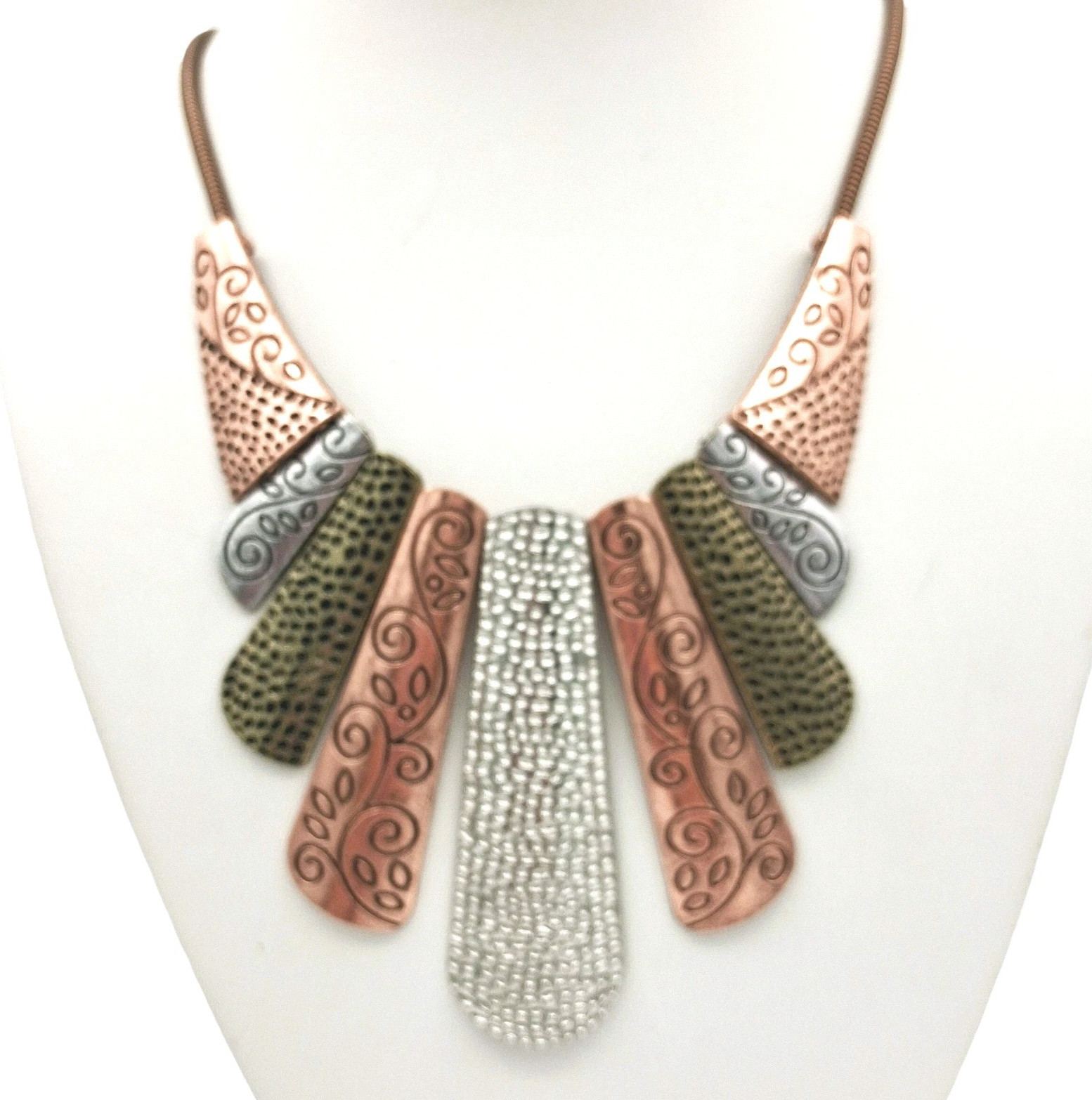 Mixed Metal Textured Bib Pendant Statement Necklace Copper Gold Silver Tone 18″