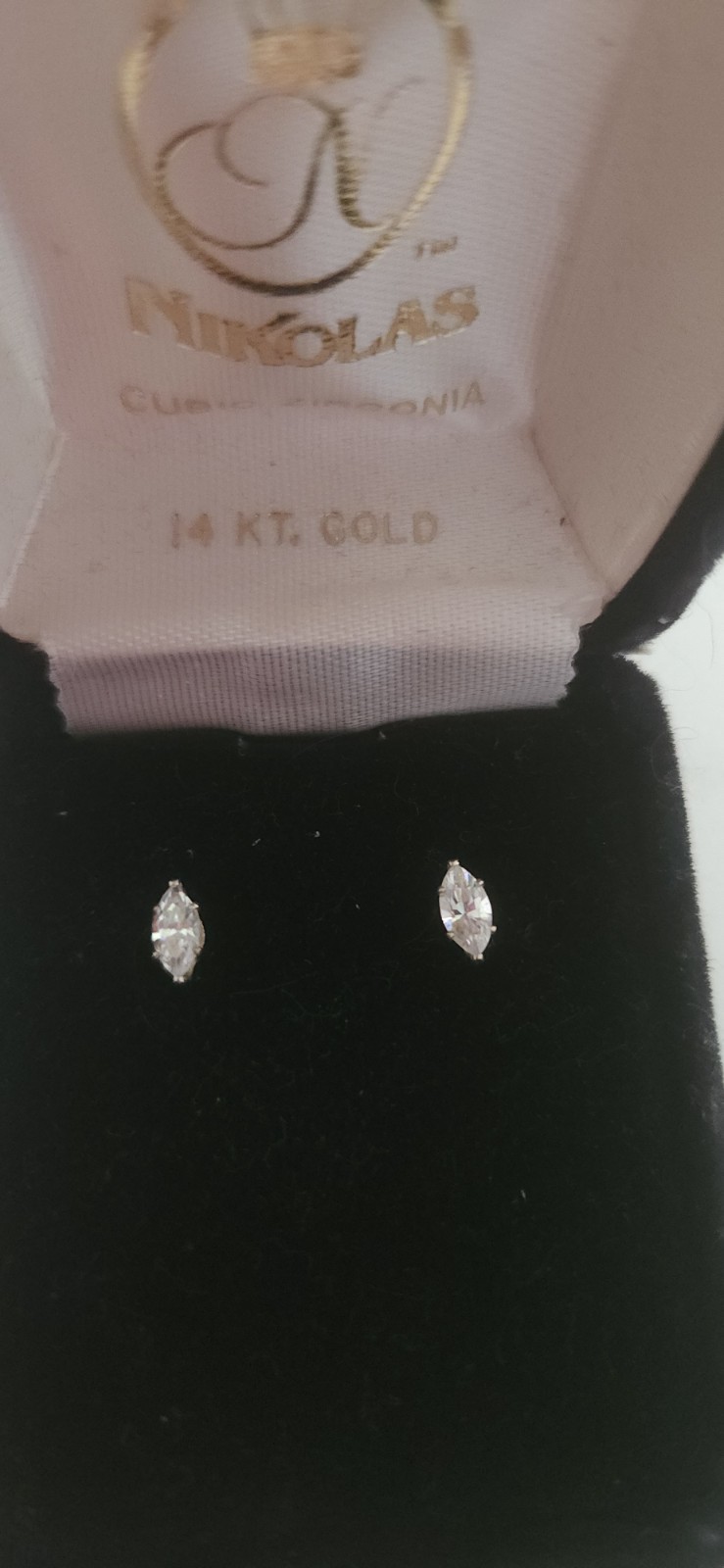 14K Yellow Gold CZ Stud Earrings Marquis in Box 4mm x 9mm