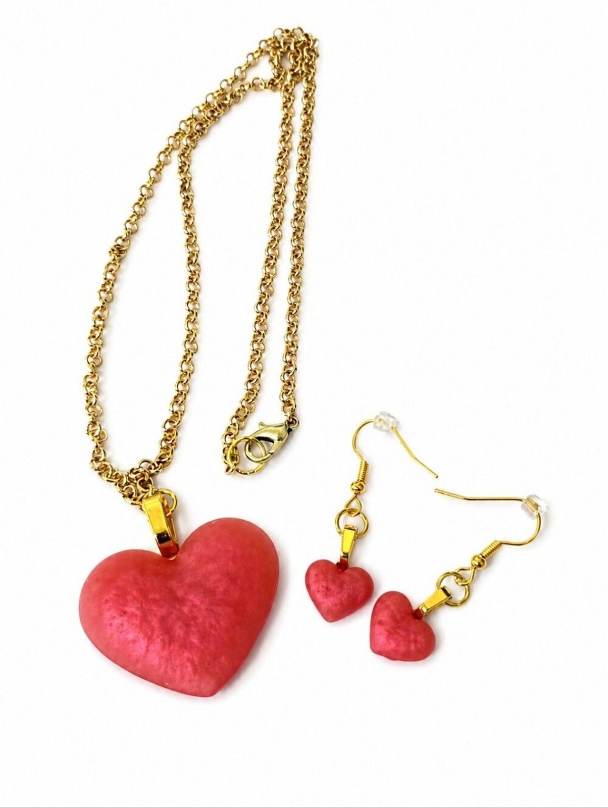 Handmade Pinkish Red Heart Necklace & Earrings Set Gold Tone 18″ Chain Romantic