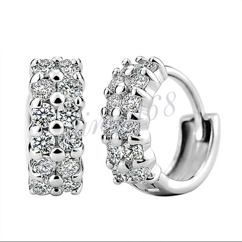 Real 925 Sterling Silver 4mm Crystal Micropave 0.55inch/14mm Small Hoop Earrings