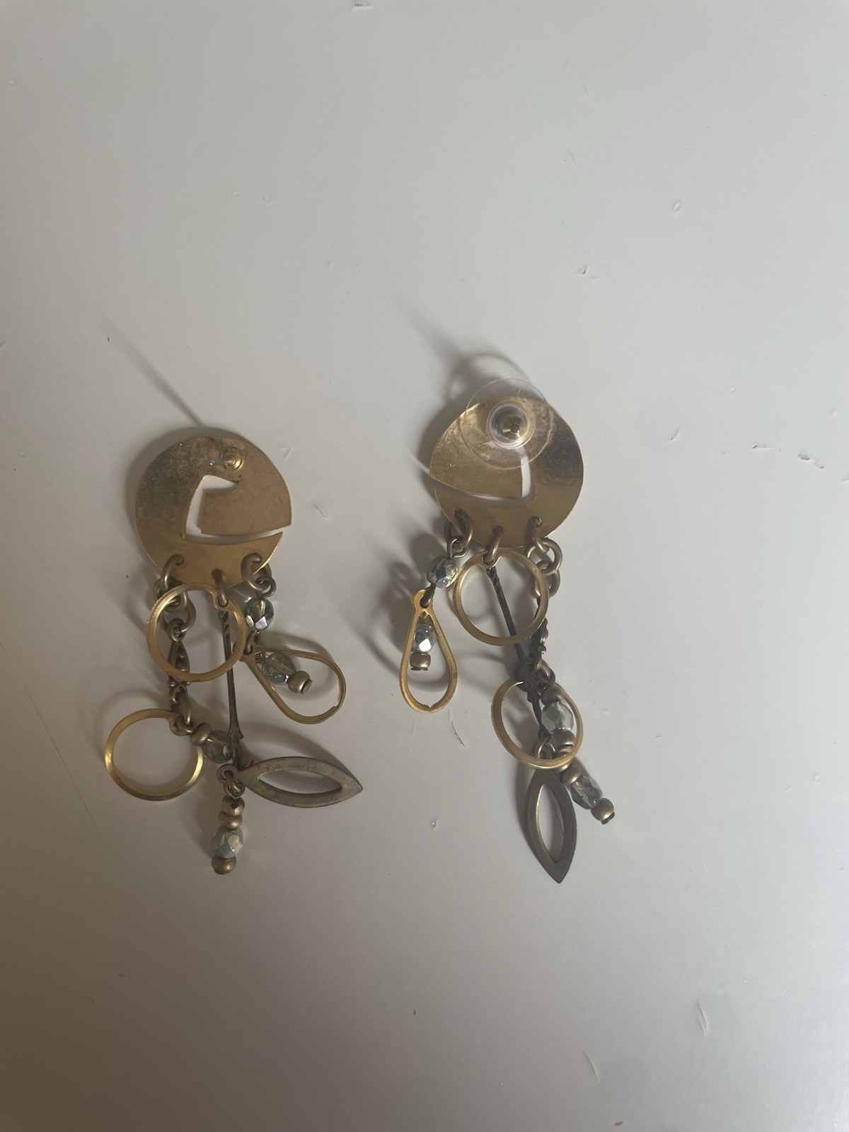 Gold Tone Etched Disc Dangle Drop Earrings Mixed Metal Charms Post