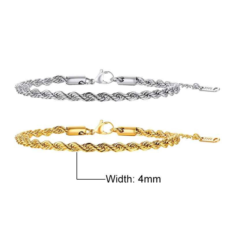 Unisex Rope Chain Bracelets for Men Women, Stainless Steel Twisted Links Chain