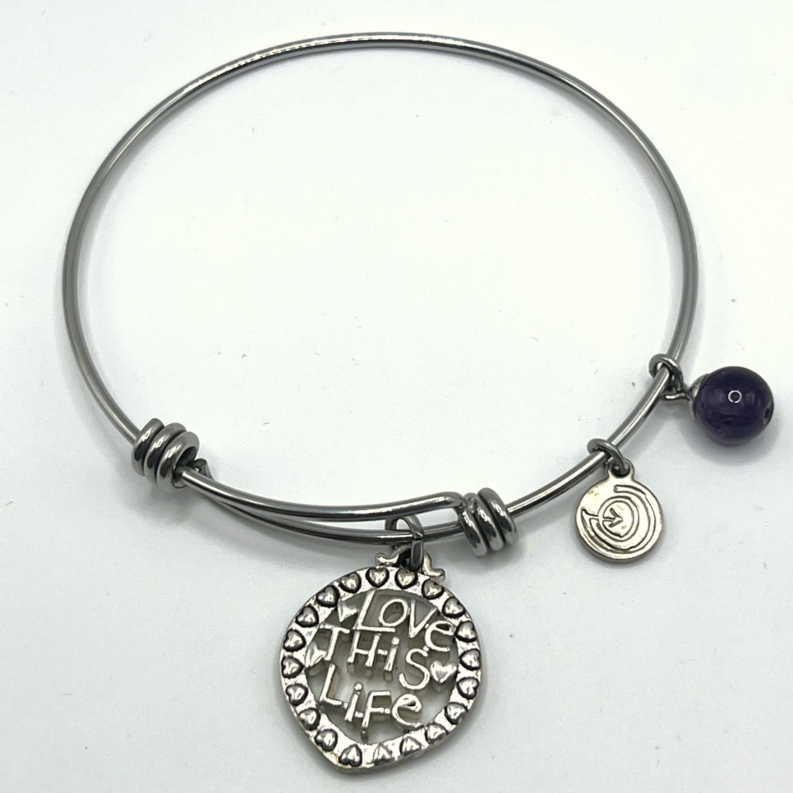 Love This Life Bangle Bracelet Silver Tone Charm Purple Stone Stackable