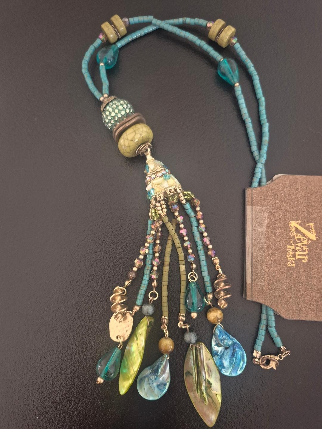 Zevar By Treska 22″ Long Boho Necklace Teal/Green/gold accents